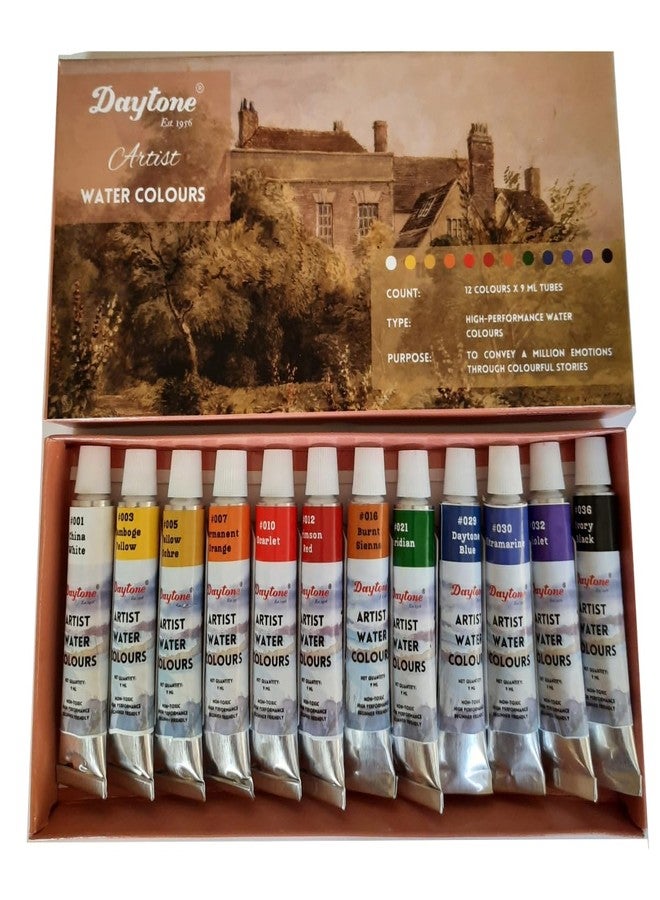 Daytone Artist Water Colours - Set of 12 Colours x 9 ml Tubes, Assorted - Image 1